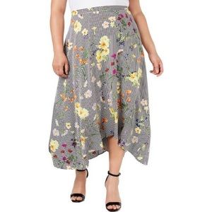 Calvin Klein Black & White Striped Midi Skirt with Multicolor Floral Print